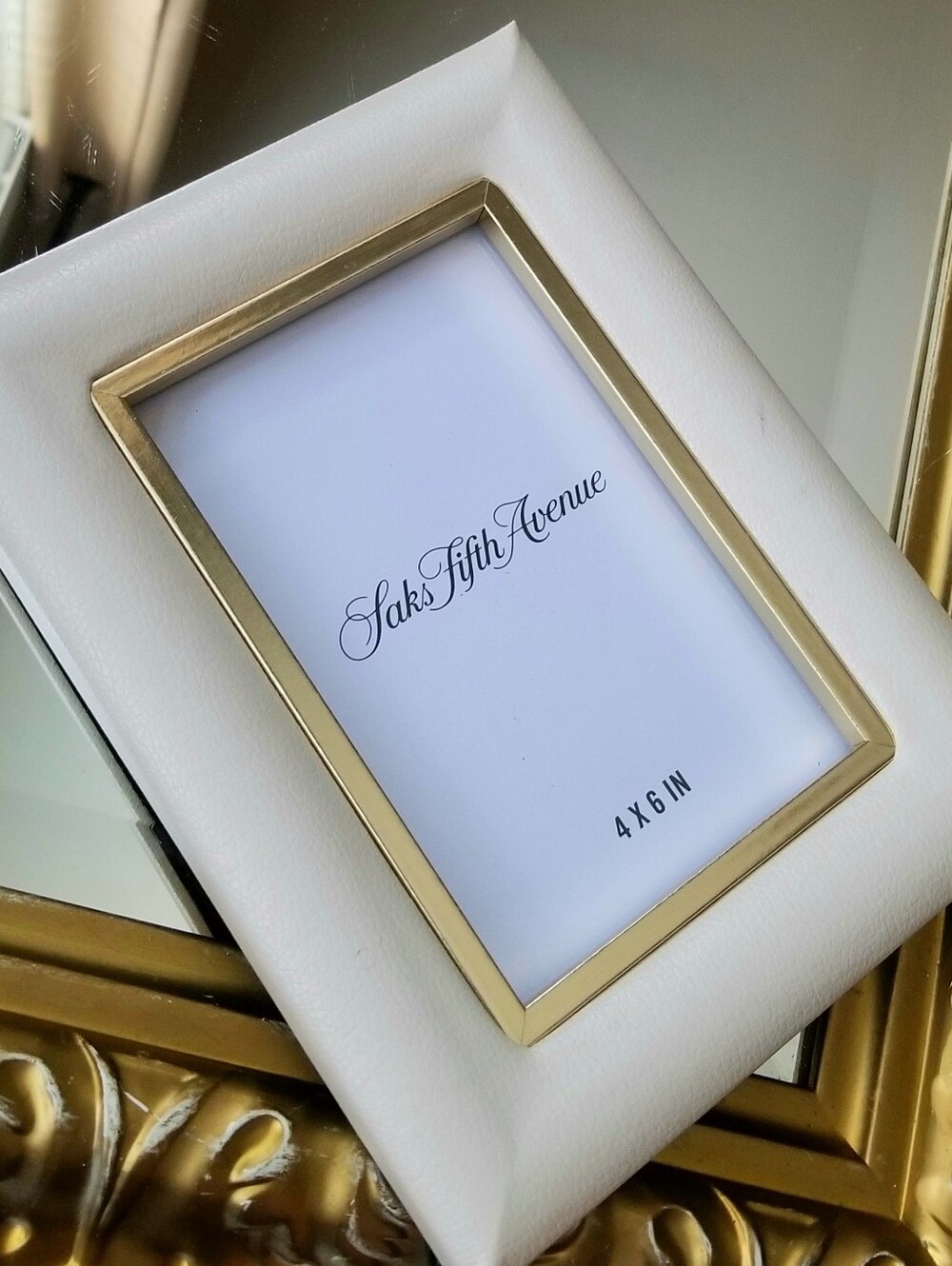 ❗Vintage Saks Fifth Avenue Cream Leather Trim Picture Frame with Gold Detailing❗